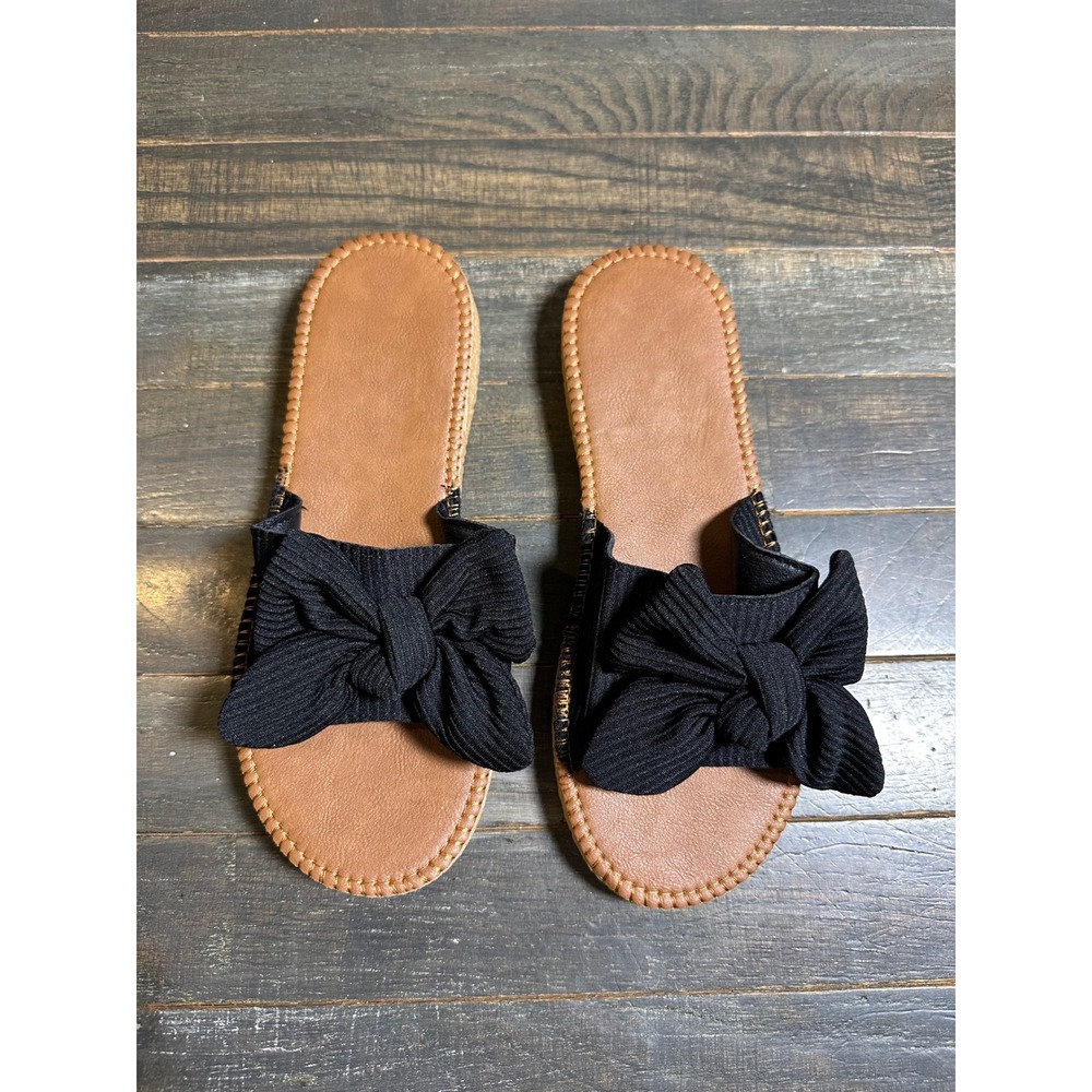 Womens Black Ribbed Knit Bow Slide Sandals Flat Open Toe Slip On Shoes